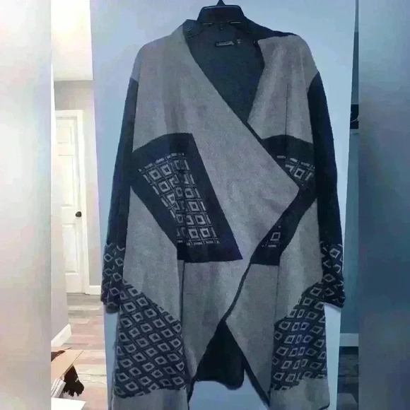 KENISTON Black Brown And Tan Fuzzy Knit Open Front Long Cardigan - Picture 3 of 4